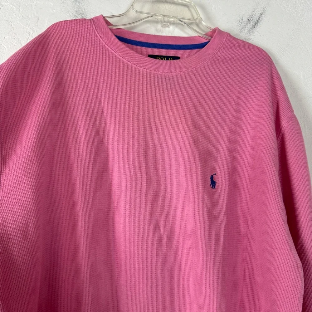 Polo Ralph Lauren Henley Shirt Knit Top Pink Waffle Knit Textured Crew Neck